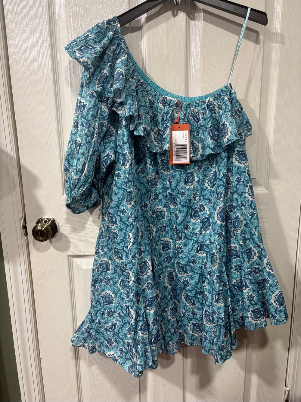 RHODE Teal and White Paisley Mini Dress with Orange Tag